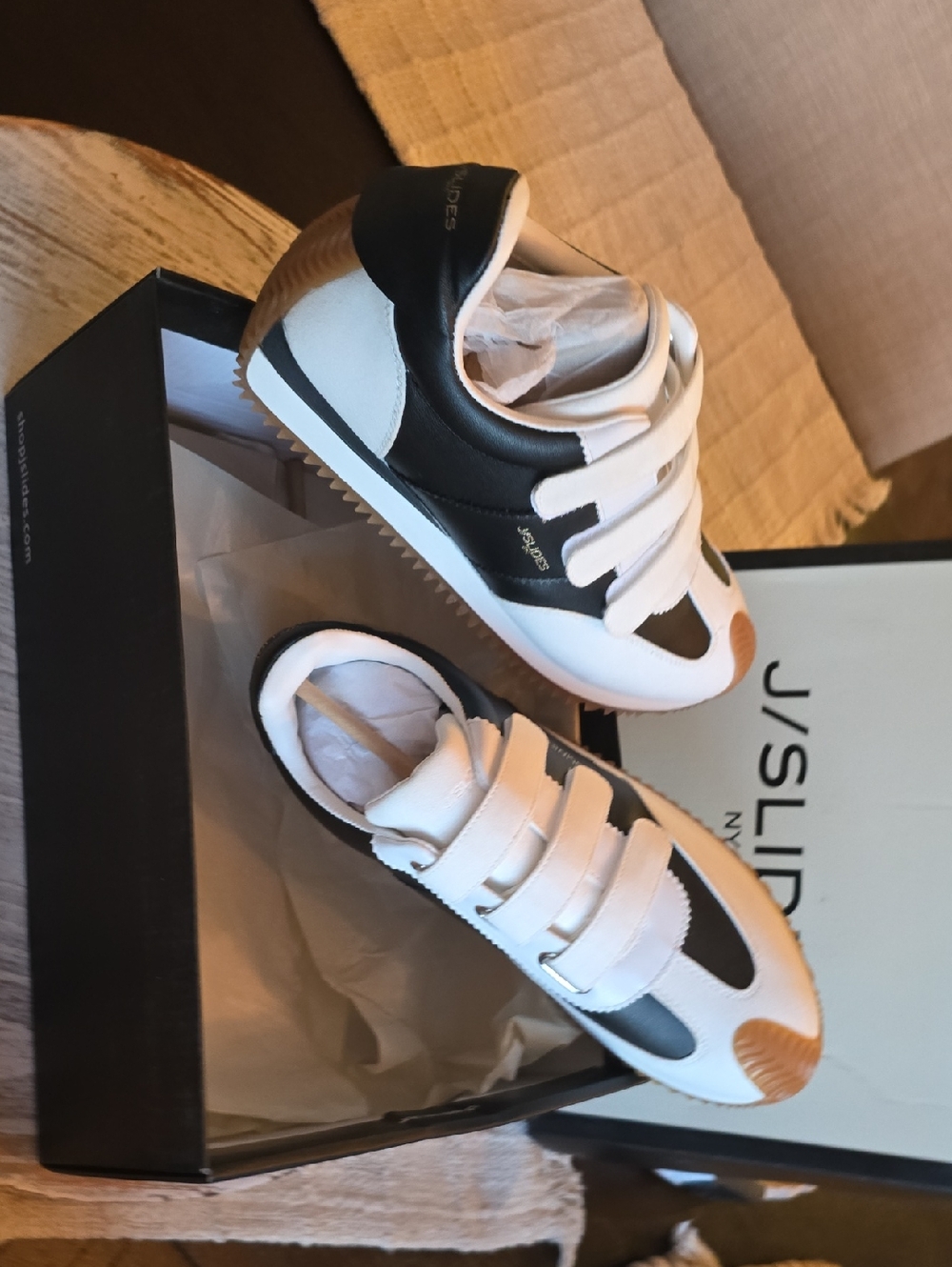 J/SLIDES Kids White and Black Velcro Retro Sneakers with Gum Toe